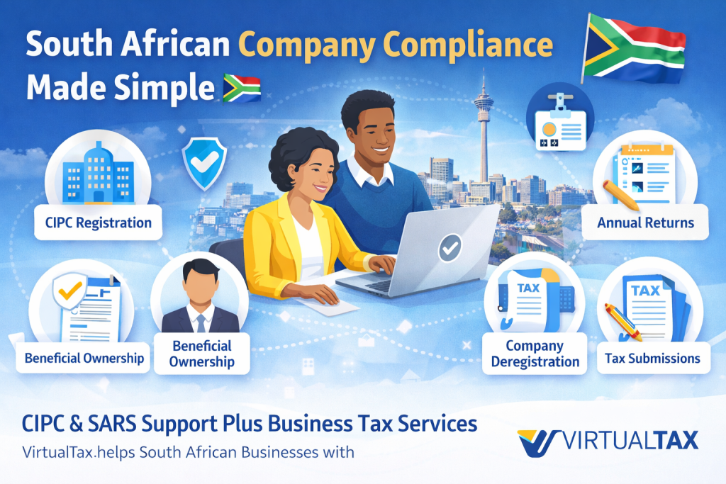 VirtualTax South Africa company compliance services for CIPC registration, annual returns, beneficial ownership, and tax submissions.